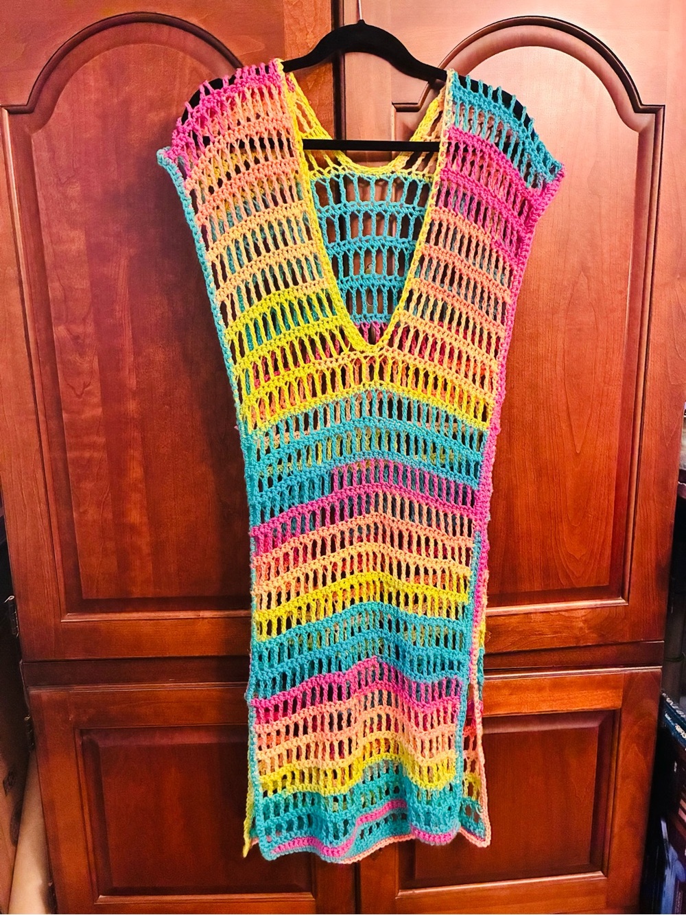 Y2K Rainbow Crochet Dress Open Knit Mesh Fishnet Beach Cover Up Festival L Boho
